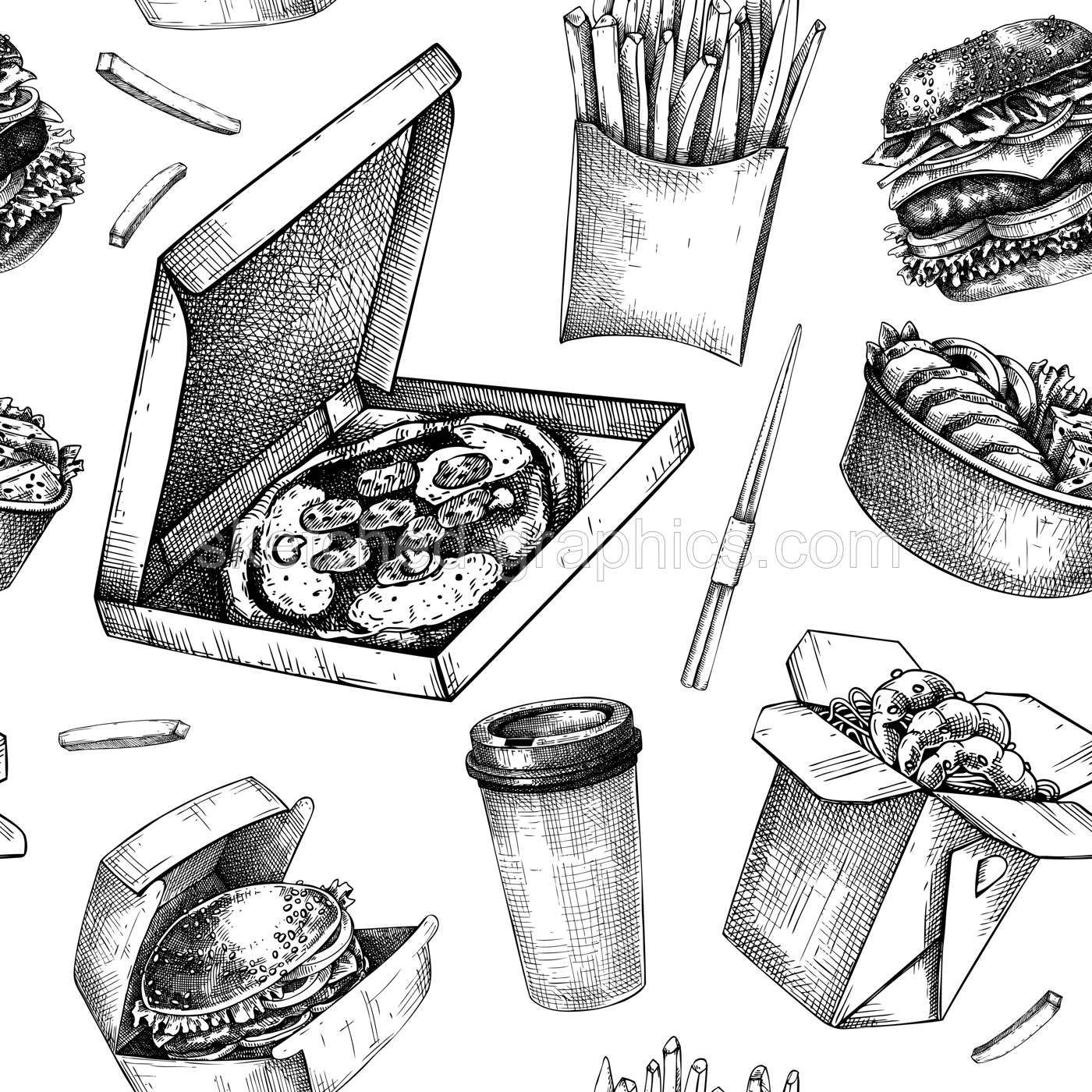 Fast food seamless pattern. Hand-drawn vector illustration. Burger, pizza, poke, sushi, coffee sketches. Takeaway food and restaurant delivery background. Engraved style Illustration